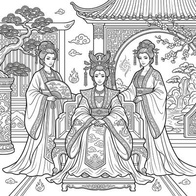 Immerse yourself in the grandeur of ancient China with this exquisite coloring page featuring powerful empresses. Explore intricate details of traditional attire and palace settings as you bring history to life.