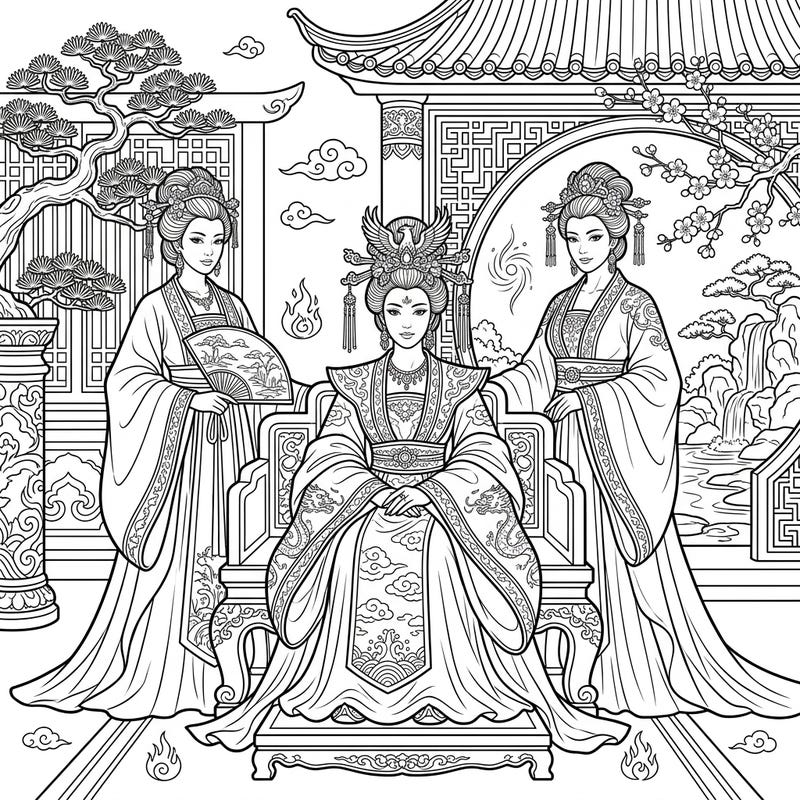 Immerse yourself in the grandeur of ancient China with this exquisite coloring page featuring powerful empresses. Explore intricate details of traditional attire and palace settings as you bring history to life.
