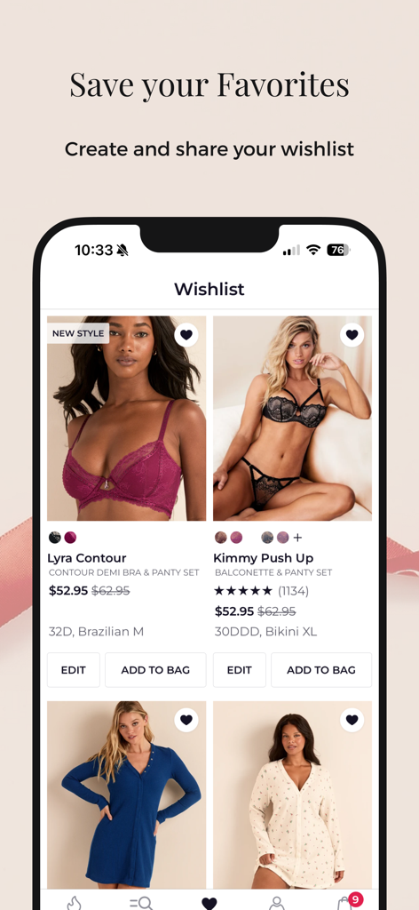 Interface da lista de desejos do aplicativo móvel Adore Me mostrando itens salvos de lingerie e loungewear.