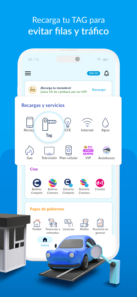 UnDosTres - Recargas y Pagos - TAG料金チャージとメキシコの公共料金支払いオプションを示すUnDosTresモバイルアプリインターフェース