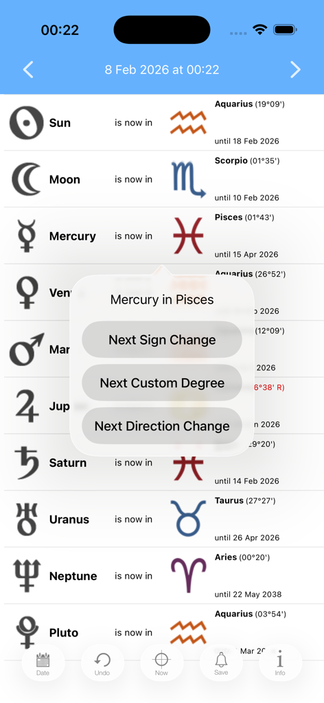 Captura de pantalla de la aplicación Ingresses Pro que muestra posiciones planetarias en signos del zodíaco y un menú emergente para rastrear cambios de tránsito.