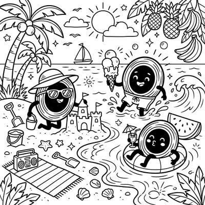 Embark on an out-of-this-world summer adventure with this delightful coloring page featuring whimsical black holes. Kids will love coloring these cute characters enjoying beach day activities like sandcastles, ice cream, and floating in the ocean.