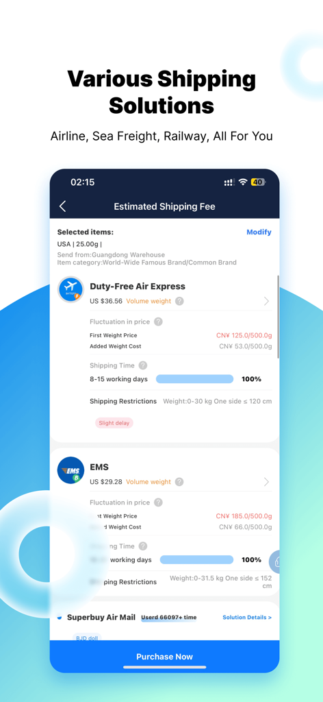 Superbuy Forwarding Solution - Schermata dell'app Superbuy che mostra varie soluzioni di spedizione e le tariffe di consegna stimate per i pacchi internazionali.