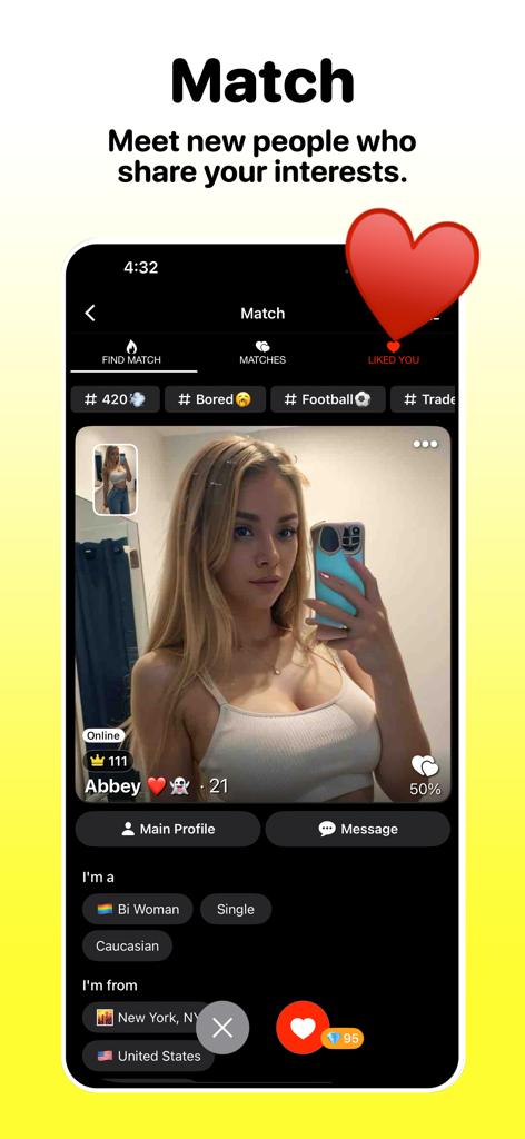 Dizkover: Find Friends Near Me - Dizkover app match screen showing a user profile with compatibility and location information