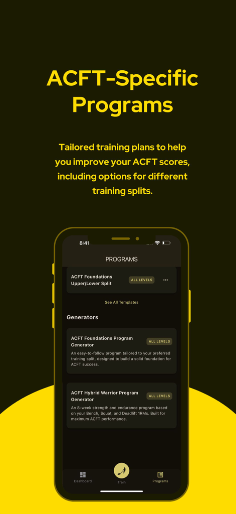 AFT Army Fitness Test Prep - AFT 피트니스 앱 화면에 ACFT 특정 훈련 프로그램 및 운동 생성기가 표시됨