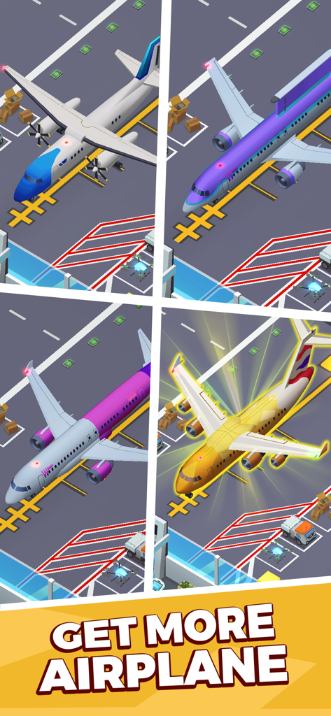 Idle Airport Empire Tycoon - Un collage que muestra varios aviones desbloqueables en Idle Airport Empire Tycoon, incluido un avión dorado especial.