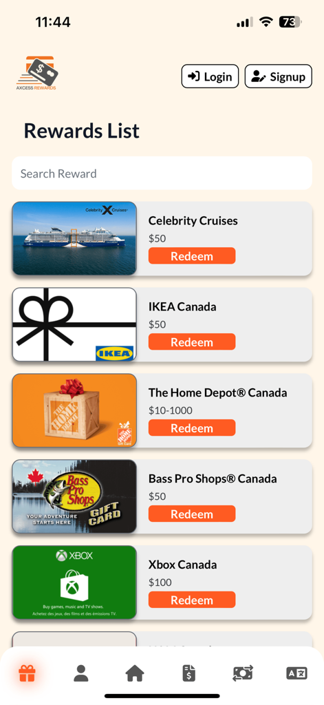 Axcess Rewards - Axcess Rewards App-Bildschirm mit einer Liste von Geschenkkarten-Prämien, einschließlich IKEA, Home Depot und Bass Pro Shops, die professionelle Benutzer einlösen können.
