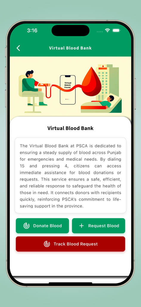 PSCA - Public Safety - Interfaz de la función de Banco de Sangre Virtual dentro de la aplicación PSCA Public Safety mostrando opciones para donar y solicitar sangre.