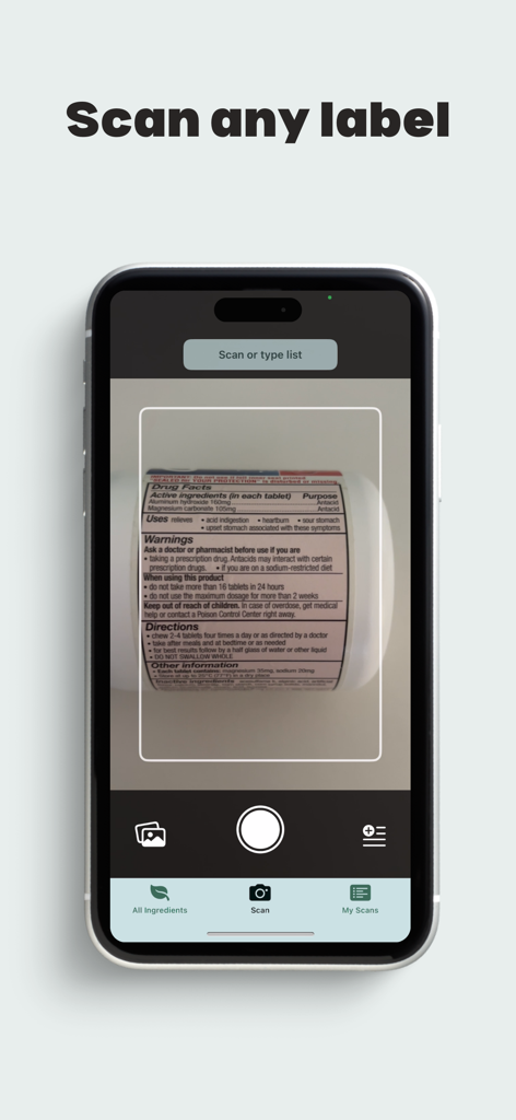 iPhone screen showing the Medicine and Supplement Scanner app scanning a drug facts label on a medicine bottle