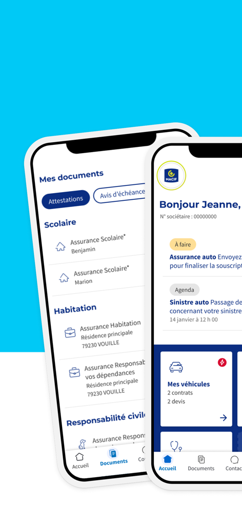 Dos pantallas de iPhone que muestran la interfaz de la aplicación móvil MACIF con las secciones de panel y gestión de documentos para servicios de seguros franceses