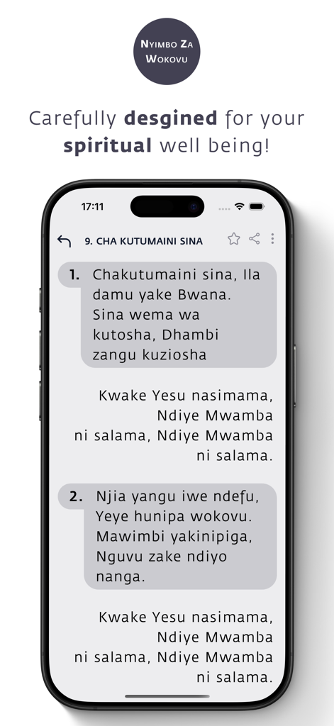 Nyimbo za Wokovu (MPYA) - Nyimbo za Wokovu app displaying Swahili hymn lyrics on a smartphone screen