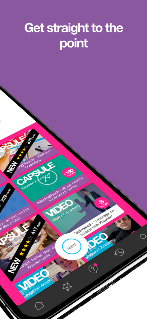 Klaxoon - A smartphone screen showing the Klaxoon app interface with a grid of educational videos and capsules titled Get straight to the point.