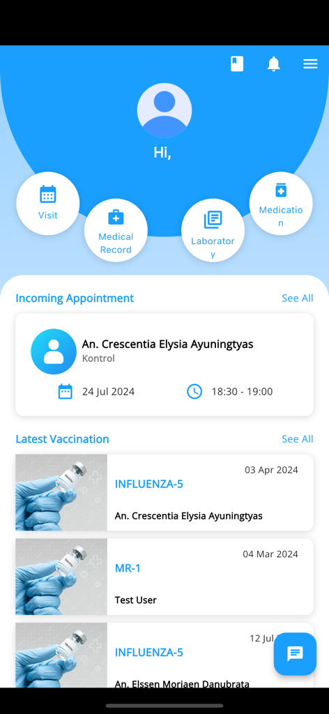 Mobile app dashboard for KiTZ KiddieApps showing pediatric appointment schedules and vaccination records