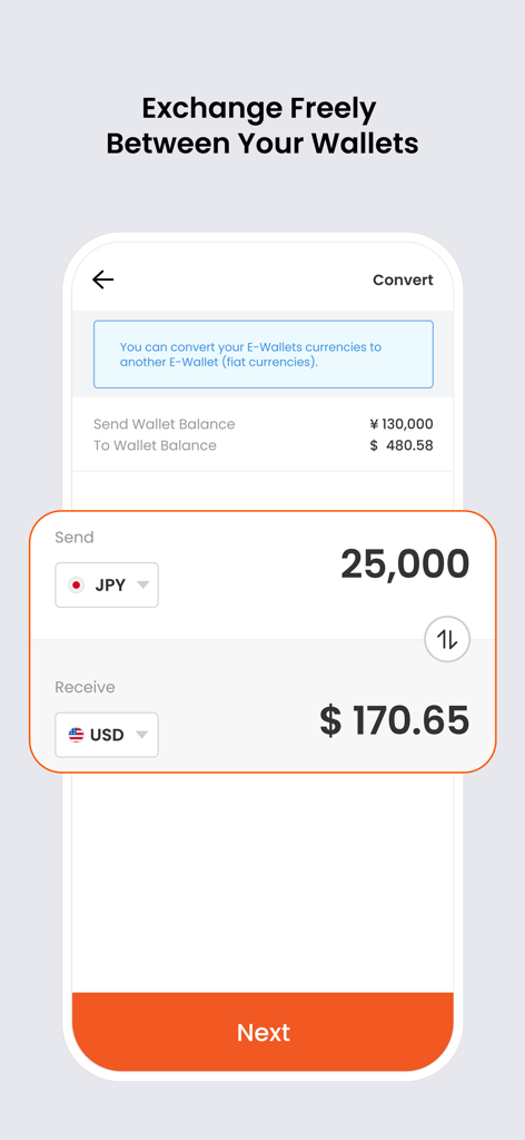 デジタルウォレット間で日本円を米ドルに交換するためのSTICPAYモバイルアプリのインターフェース