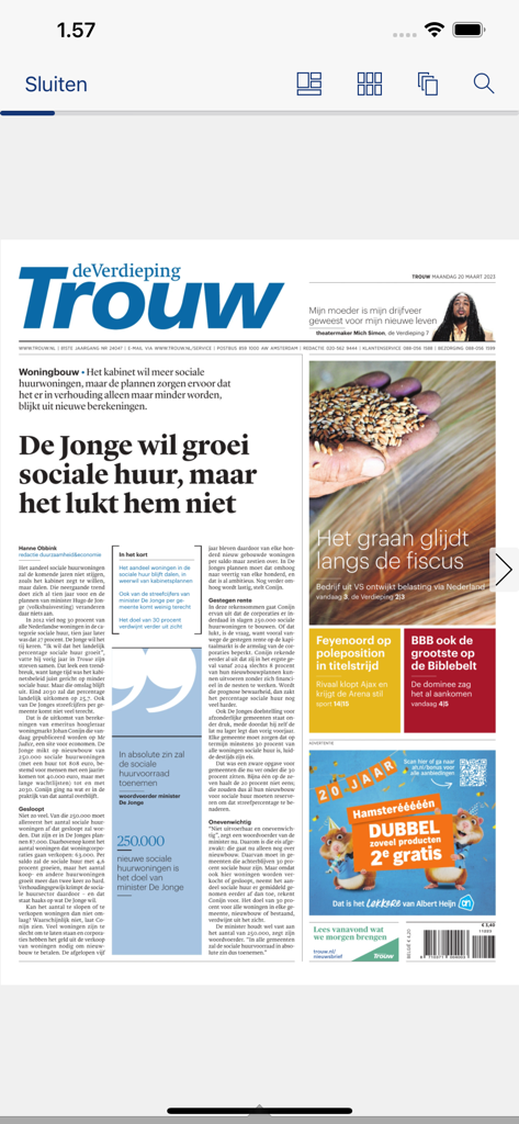 A digital replica of the Trouw newspaper front page displayed on a mobile app interface.
