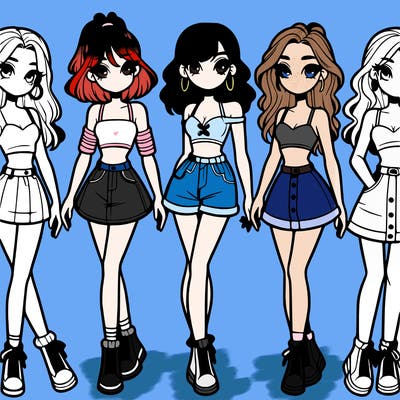 5 girls in crop tops and skirts
