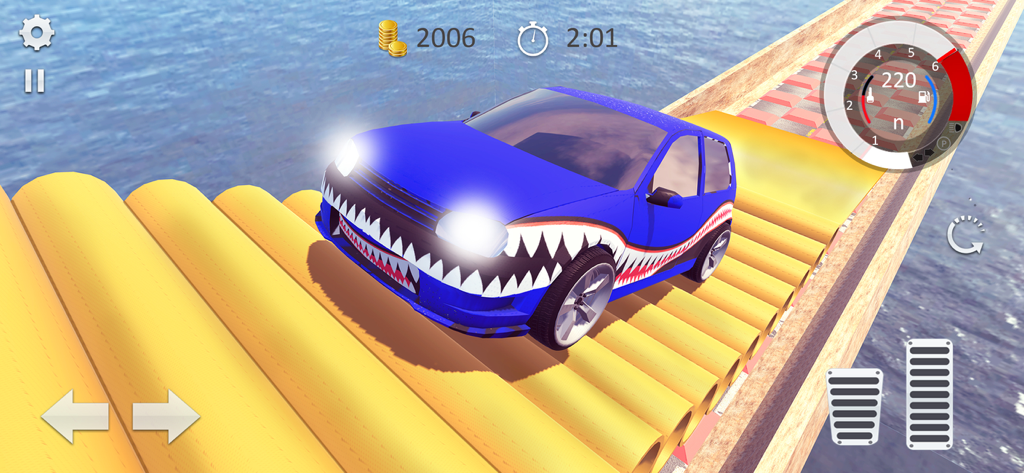 Blue modified car with shark decals driving on a high ramp in a car crash simulation