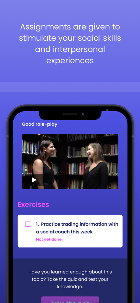 Captura de pantalla de la aplicación PEERS que muestra un juego de rol en video y una tarea de práctica de habilidades sociales