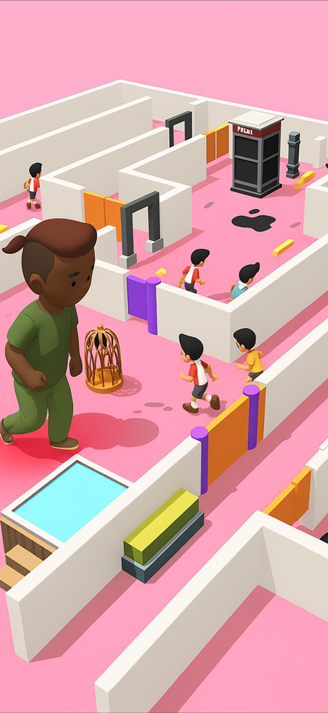 Hide and Seek Mini Games - 3D characters playing hide and seek in a colorful pink maze