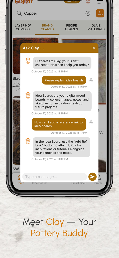 Glaizit – Smart Pottery Hub - The Glaizit app interface showing a chat window with Clay the AI pottery assistant explaining studio features.