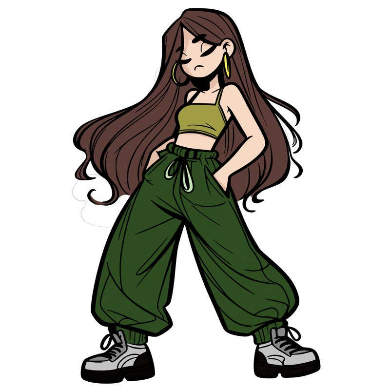 girl in baggy pants crop top and long hair