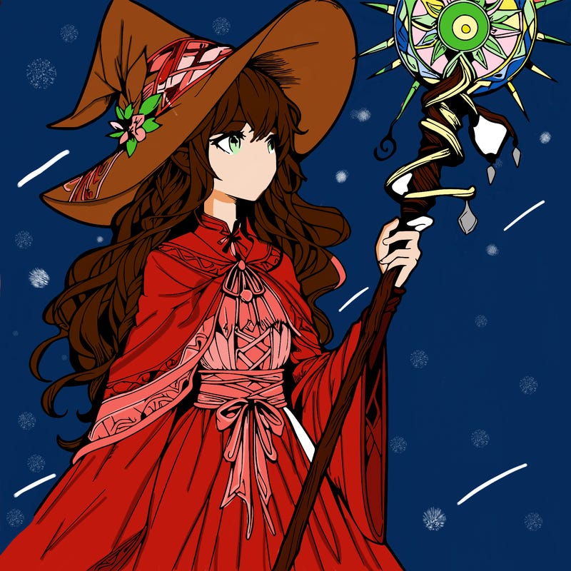 a realistic fantasy manga witch with a staff