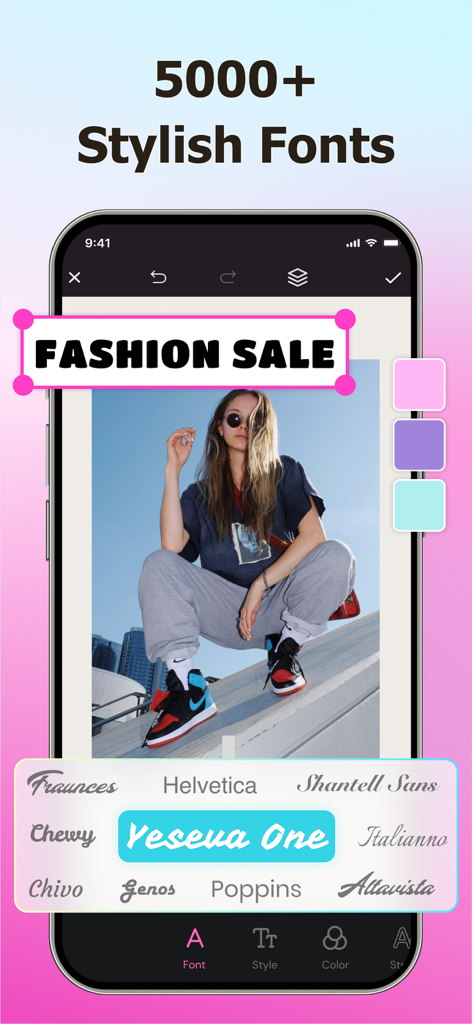 Flyer Maker - Make a Poster - Una interfaz de aplicación móvil mostrando una biblioteca de más de 5000 fuentes elegantes para personalizar pósteres y flyers