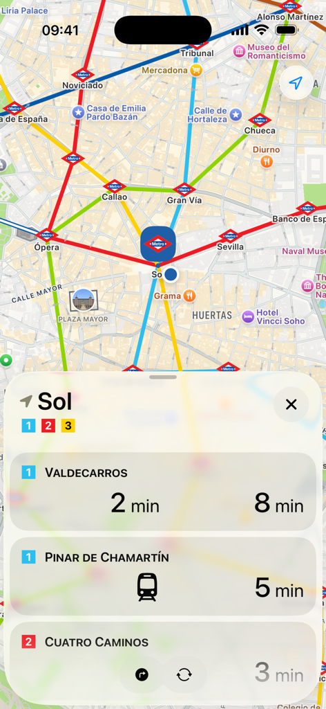 Tiempos de espera de trenes en tiempo real para la estación de Sol en un mapa en la aplicación Metro Madrid