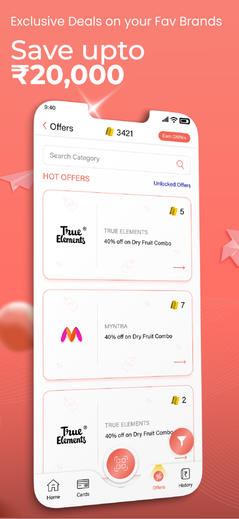 OmniCard app interface showing exclusive deals and rewards on brands like Myntra and True Elements.