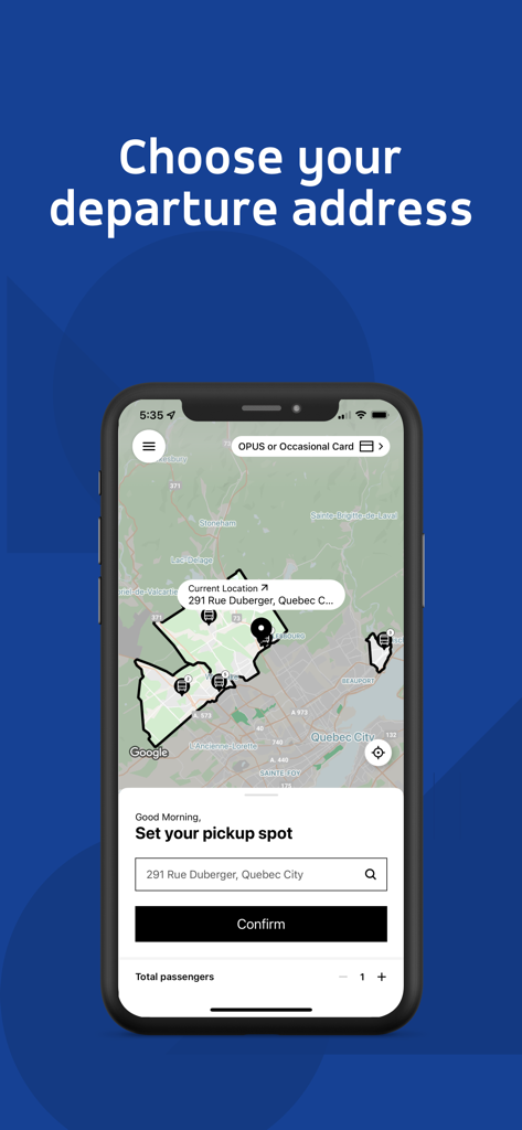 RTC Flexibus - RTC Flexibus mobile app interface for choosing a departure address on a virtual map