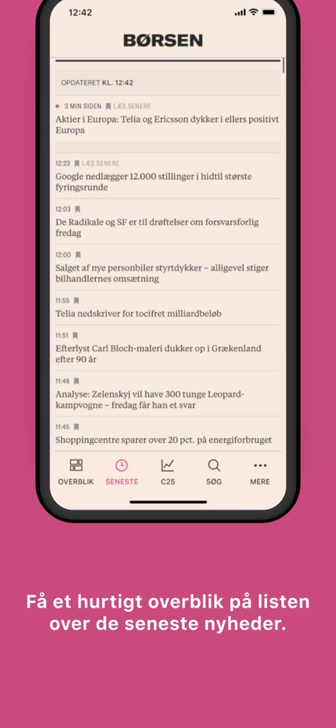 A mobile interface for the Borsen app displaying a chronological list of recent business and financial news headlines
