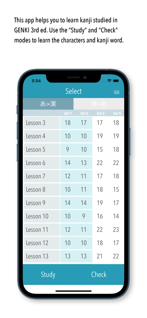 GENKI Kanji for 3rd Ed. - Lesson selection screen of the GENKI Kanji for 3rd Ed. app featuring Study and Check modes.