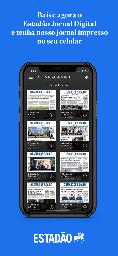 A tela do aplicativo Estadão Digital exibindo várias edições recentes do jornal digital para seleção.