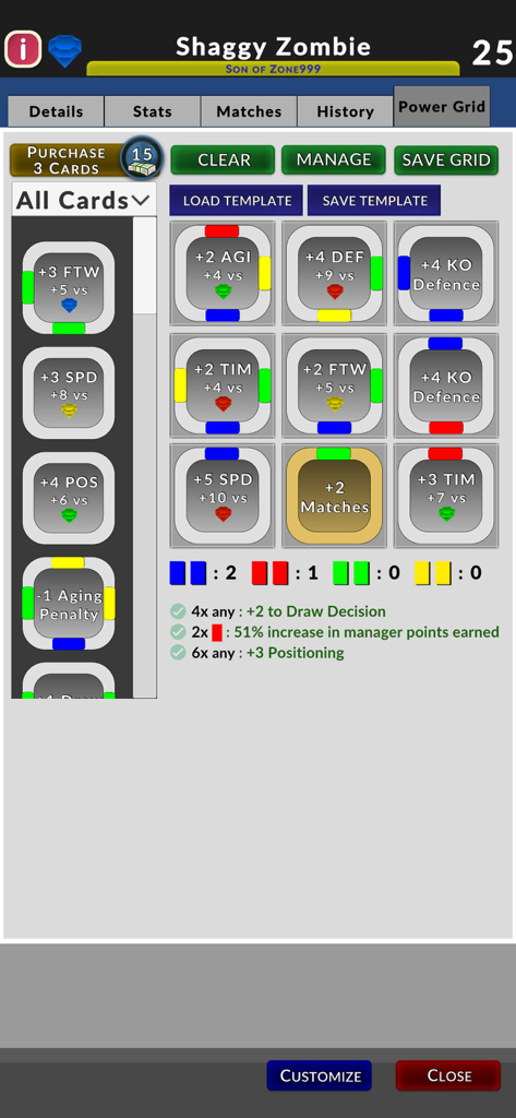 Ultimate Boxing Manager - A strategy screen in Ultimate Boxing Manager showing a power grid where players use cards to upgrade and optimize boxer stats