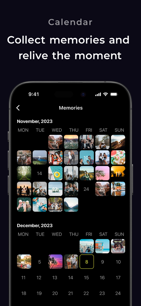 TapNow. Friends on homescreen. - Uma captura de tela móvel mostrando o calendário de Memórias do aplicativo TapNow, onde fotos diárias são coletadas e organizadas por data.