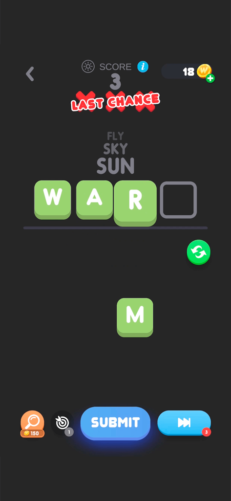 Gameplay screen of Wordle app showing a word puzzle and action buttons