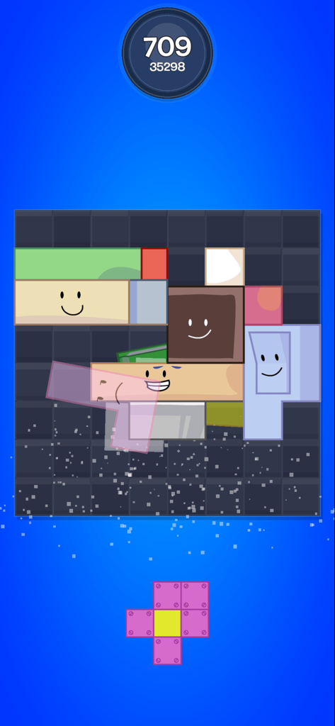 A gameplay screenshot of BFDI Blast featuring character shaped blocks on a puzzle grid with a score display