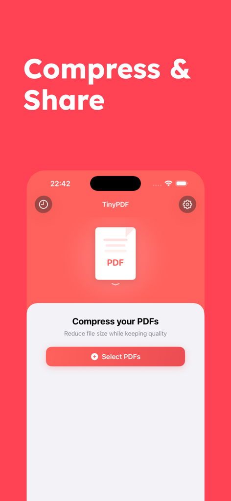 TinyPDF mobile app home screen showing the compress and share feature with a select pdfs button