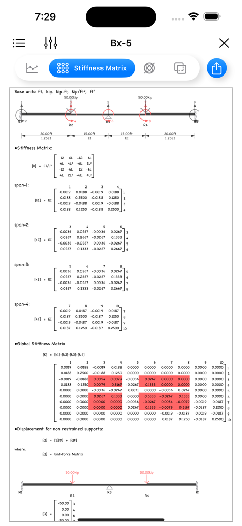 A-Beam* - A-Beam app interface showing a detailed global stiffness matrix calculation and structural beam diagrams.