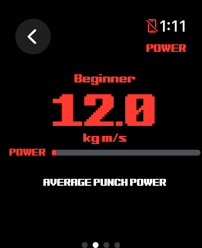 Apple Watch interface of Punch Logger showing average punch power statistics