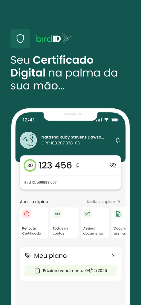 Bird ID - Bird ID mobile app dashboard showing security OTP code and digital signature features