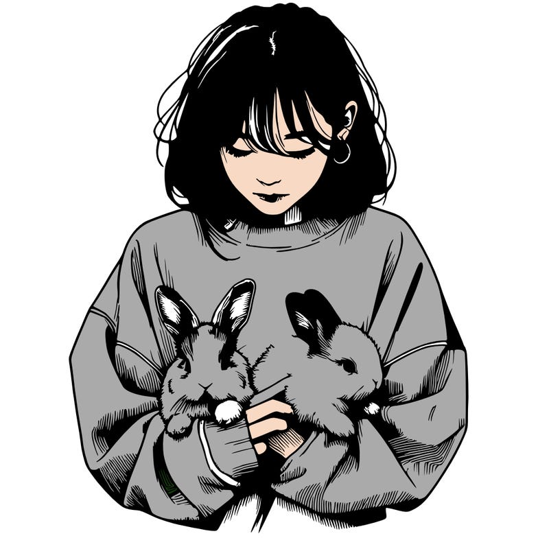 realistic girl with messy bunny baggy sweatshirt and holding bunnies