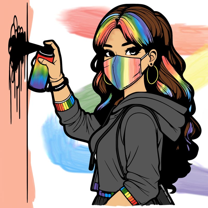 realistic girl with mask spray painting a wall