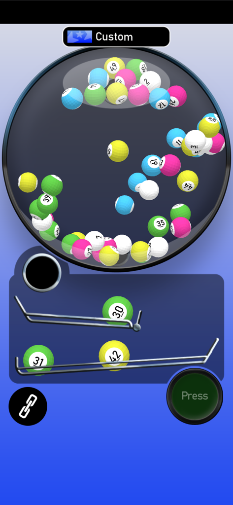 3D lottery machine with colorful tumbling balls and drawn numbers on metal tracks