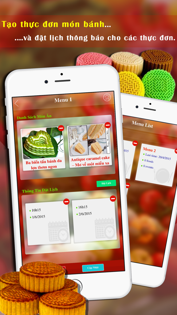 Công Thức Làm Bánh - Screenshot of the Vietnamese cake recipe app showing menu planning and scheduling notifications