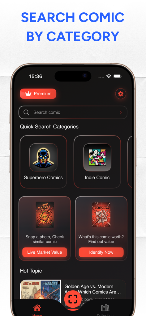 Search screen of the Comic Book Value Identifier app showing superhero and indie comic categories.