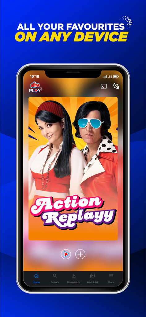 Ultra Play Hindi Movies - Ultra Play app interface on a smartphone displaying Hindi movie Action Replayy