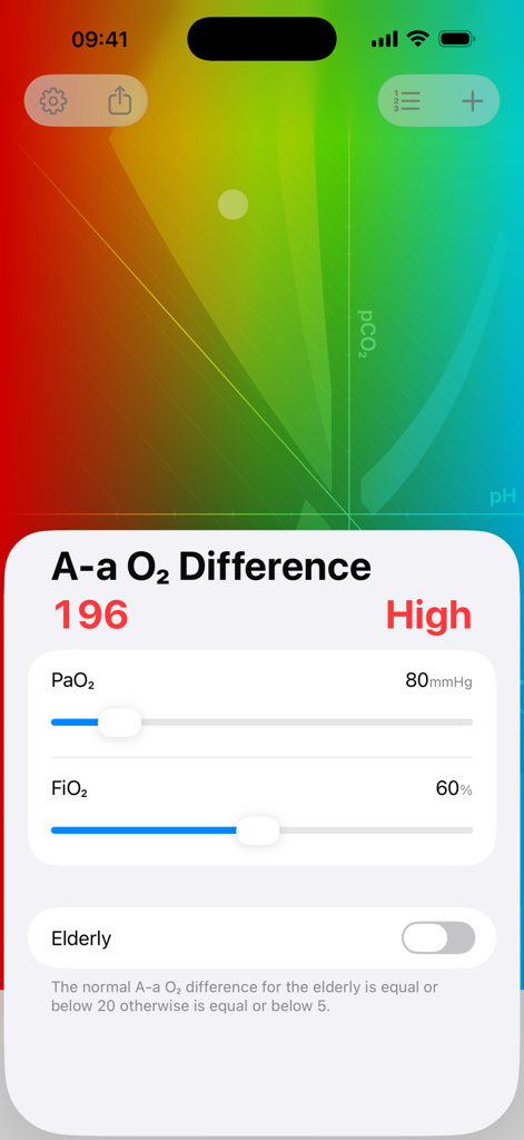 Blood pH - Screenshot of the Blood pH app showing the A-a O2 Difference calculator with clinical sliders for PaO2 and FiO2.