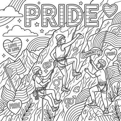Celebrate strength, diversity, and community with this vibrant coloring page featuring teens rock climbing amidst Pride Month symbols. Perfect for expressing creativity and solidarity.