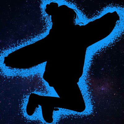 realistic girl jumping with a bun and oversized sweatshirt